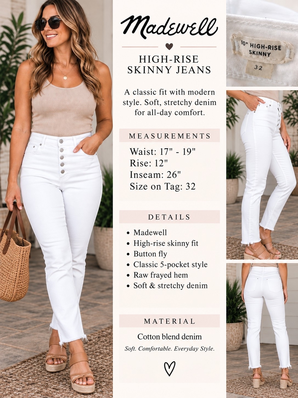A57. Madewell 10" High-Rise Skinny Jeans Women’s 32 White Button Fly Raw Hem